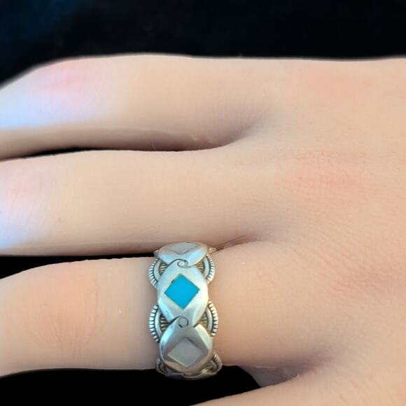 Vintage Signed 925 Sterling Turquoise & MOP Diamond Inlay Band Ring Size 6.75 - Picture 4 of 10